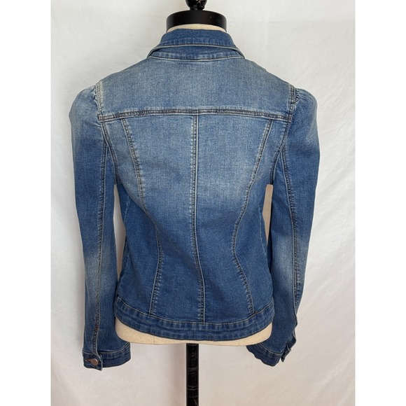 AQUA Women's Puff Sleeve Denim Long Sleeve Jean Jacket XS Blue Fitted Chic Short - Picture 6 of 13